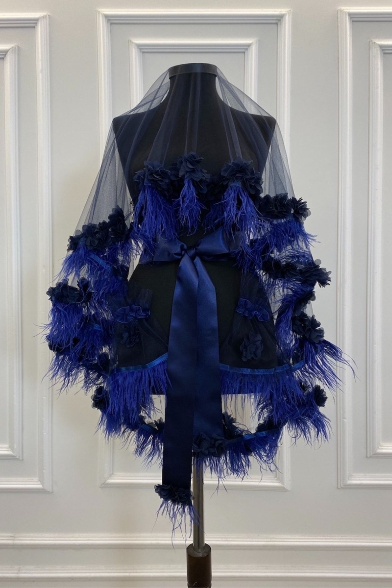 Lacivert Lüks Kına Duvağı Seti, Tüy Ve Üç Boyutlu Lazer Çiçekli, Gelin Duvak Seti