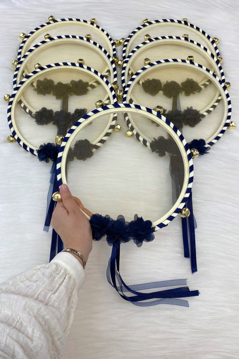 Lacivert Nedime Gelin Tefi, Çiçekli Düğün Kına Gecesi Sünnet Bekarlığa Veda Bride Defi Zilli 1 Adet