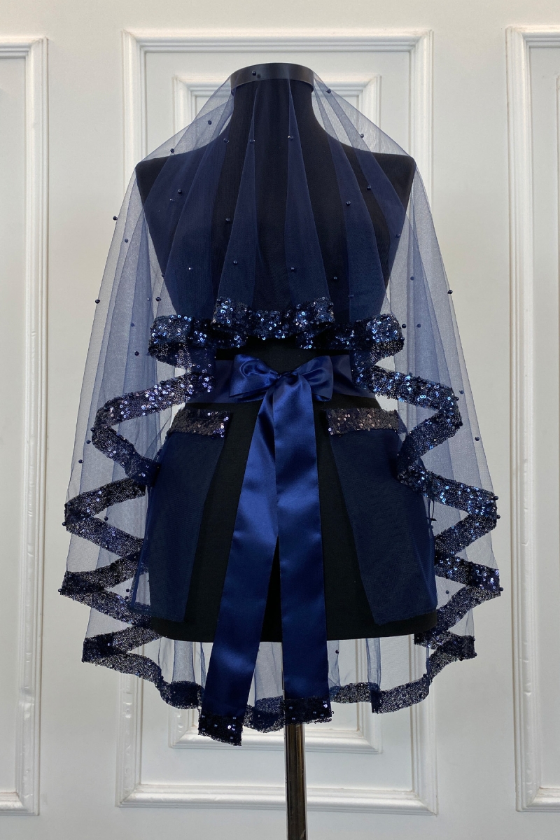 Lacivert Pul Payet ve İncili Gelin Duvak Seti, Kına Gecesi Duvağı Alı Örtüsü 6 Parça