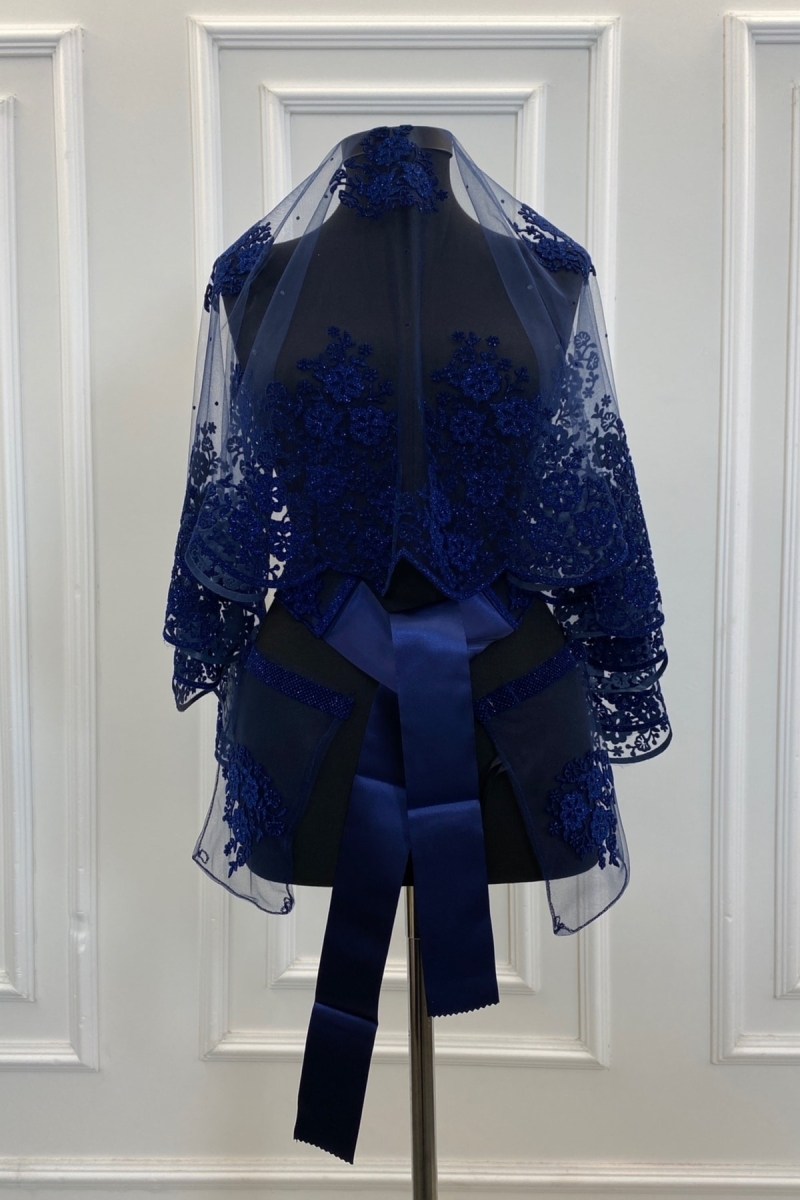 Lacivert Simli Çift Desenli Gelin Duvak Seti Kına Duvağı