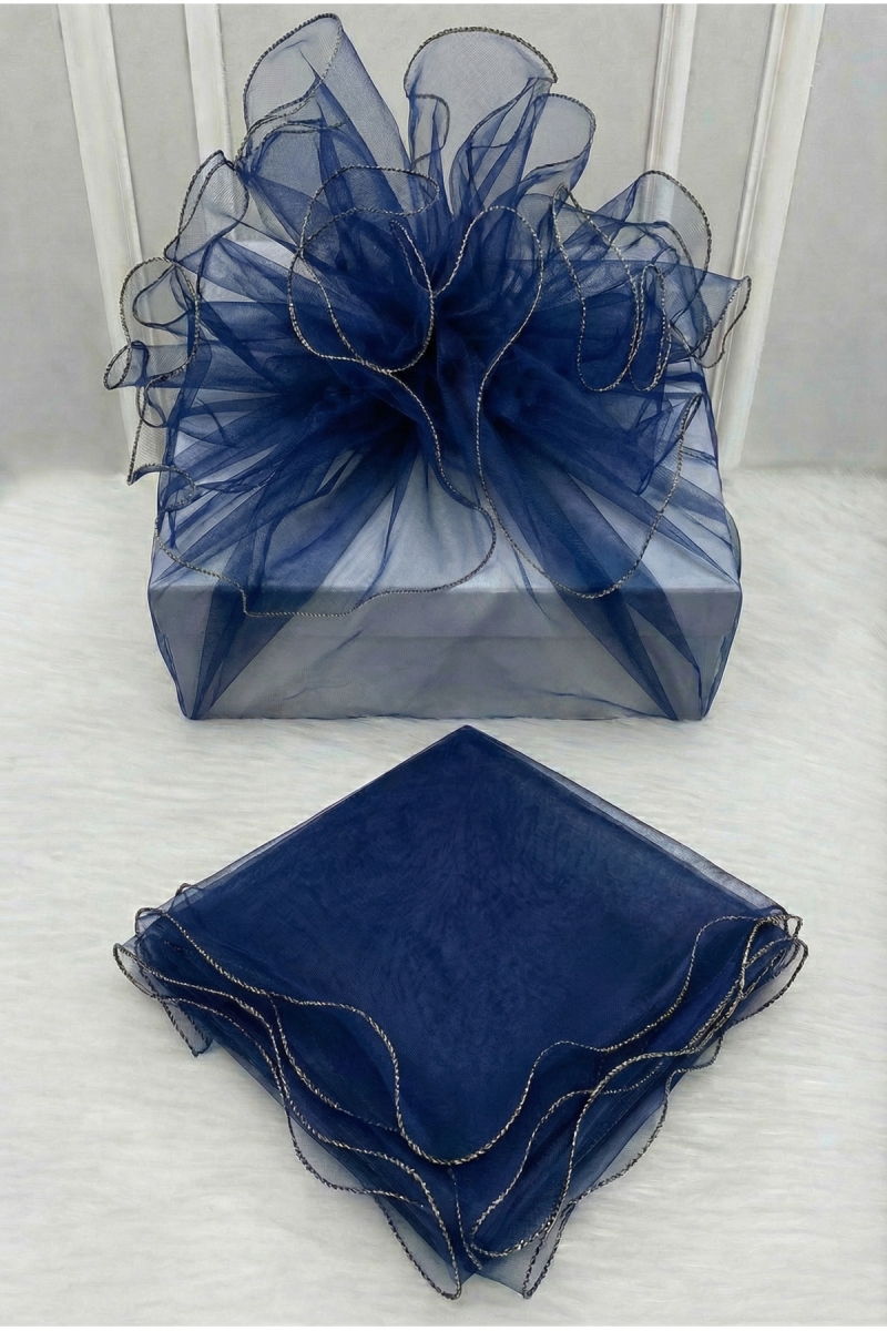 Lacivert Süsleme Tülü Gold Kenar Bohça Çeyiz Gelin Damat Söz Nişan Nikah Valiz Hediye Süsü 150x150cm