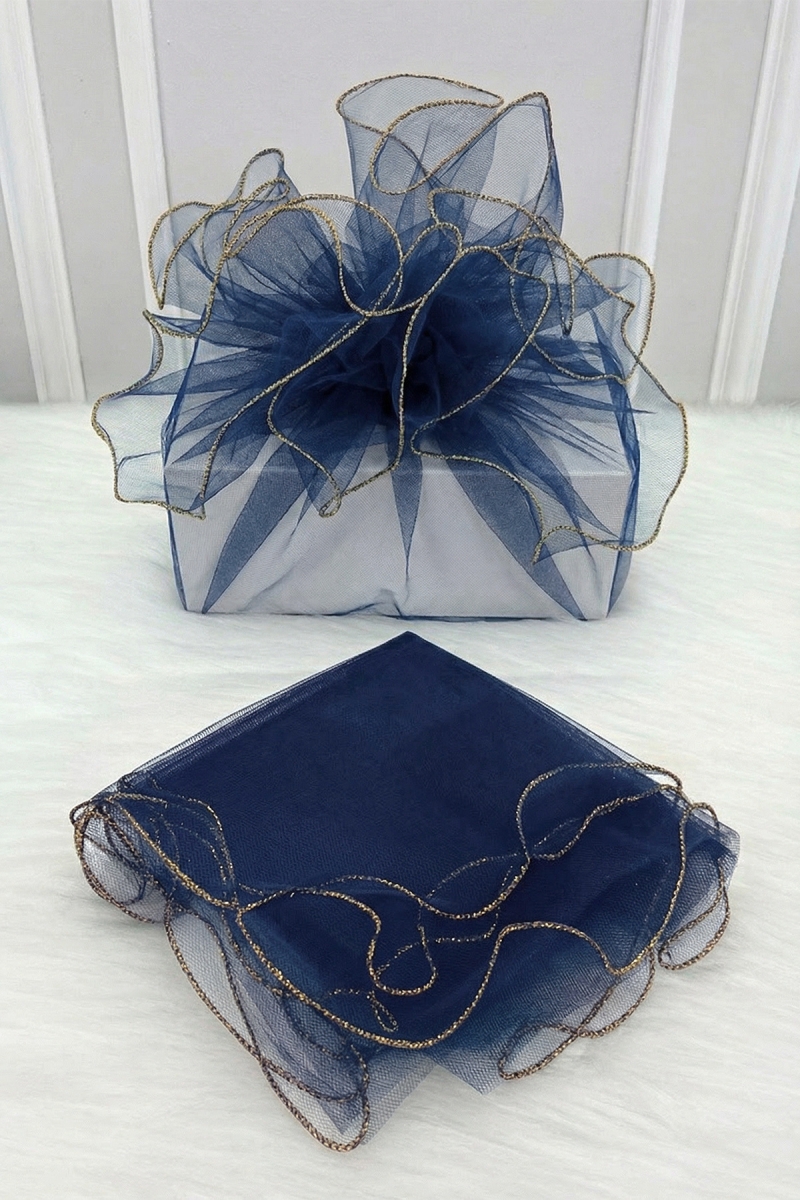 Lacivert Süsleme Tülü Gold Kenarlı, Bohça Çeyiz Gelin Damat Nişan Nikah Valiz Hediye Süsü 100x100cm
