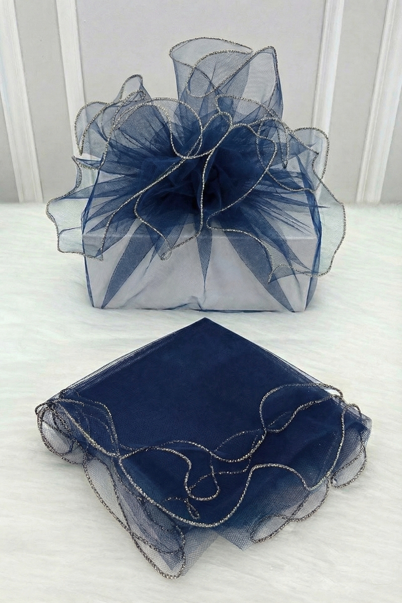 Lacivert Süsleme Tülü Gümüş Kenarlı, Bohça Çeyiz Gelin Damat Nişan Nikah Valiz Hediye Süsü 100x100cm