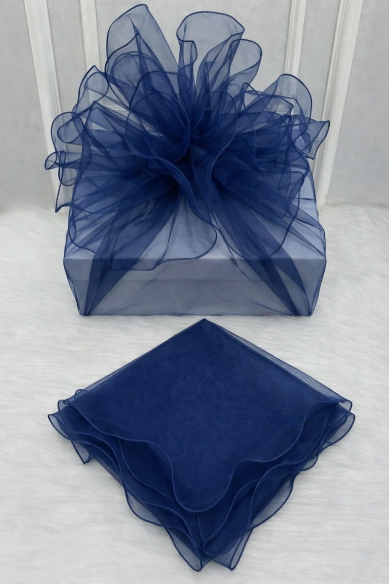 Lacivert Süsleme Tülü, Lacivert Kenar Bohça Çeyiz Gelin Damat Nişan Nikah Hediye Süsü 150x150cm