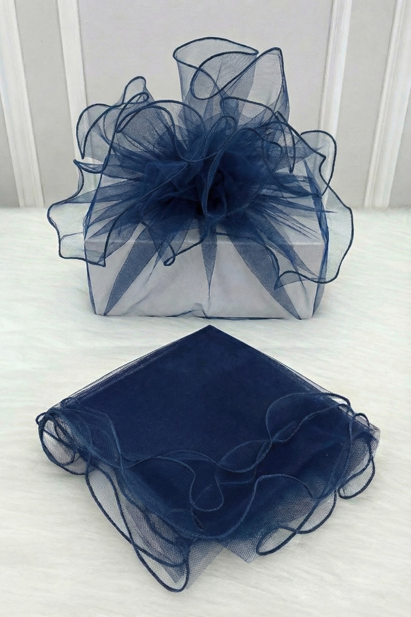 Lacivert Süsleme Tülü Overlok Kenar, Bohça Çeyiz Gelin Damat Nişan Nikah Valiz Hediye Süsü 100x100cm