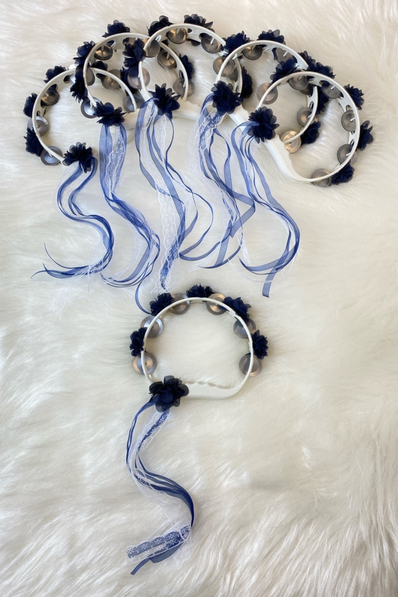 Lacivert Süslü Gelin Nedime Kına Gecesi Düğün Sünnet Tefi, Üç Boyut Lazer Çiçek Kurdele Süslü 5 Adet