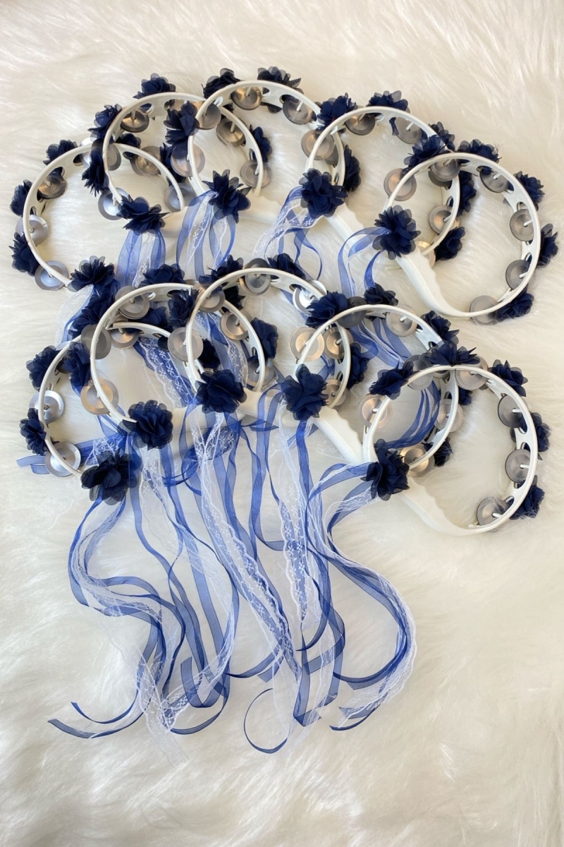 Lacivert Süslü Gelin Nedime Kına Gecesi Tefi, Üç Boyut Lazer Çiçek ve Kurdele Detaylı Tef 10 Adet