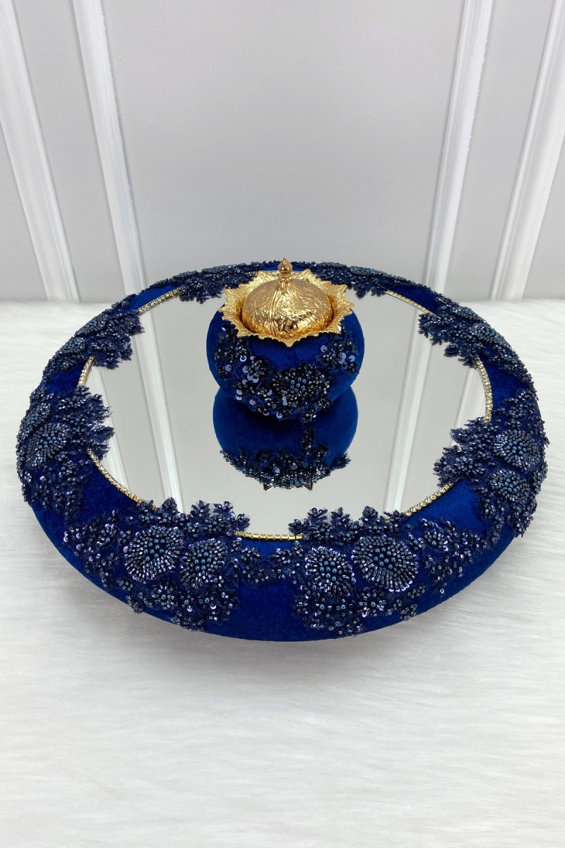 Lacivert Vip Aplikli Aynalı Kadife Kına Gecesi Tepsisi Gelin, Nişan Nikah Düğün Söz Sünnet
