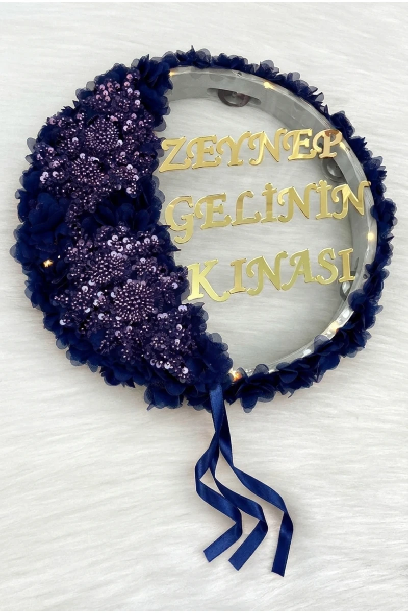 Lacivert Vip Aplikli Ve 3D Lazer Çiçek Süslemeli Pleksi Ledli Şeffaf Gelin Tefi 32cm, Düğün Kına Gecesi Nişan Söz Nedime Gelin Damat Bride Parti Sünne