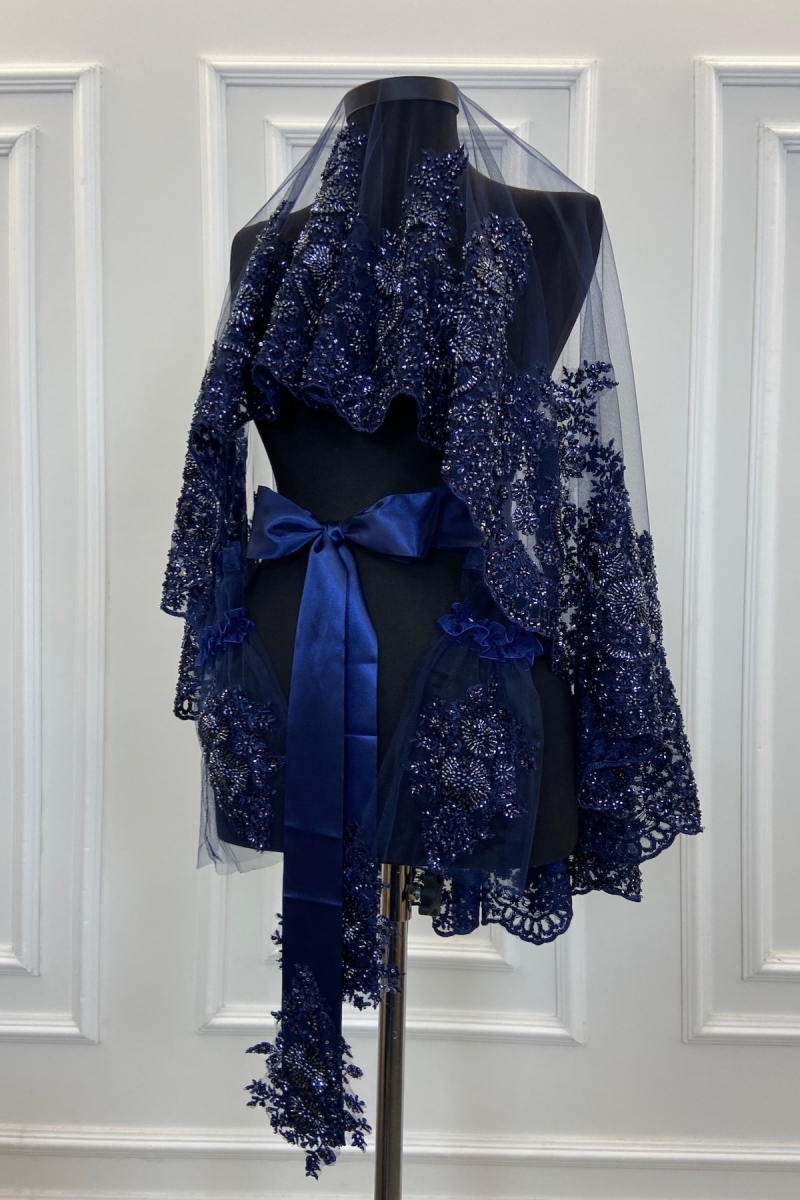 Lacivert Vıp Deluxe Gelin Duvağı Seti