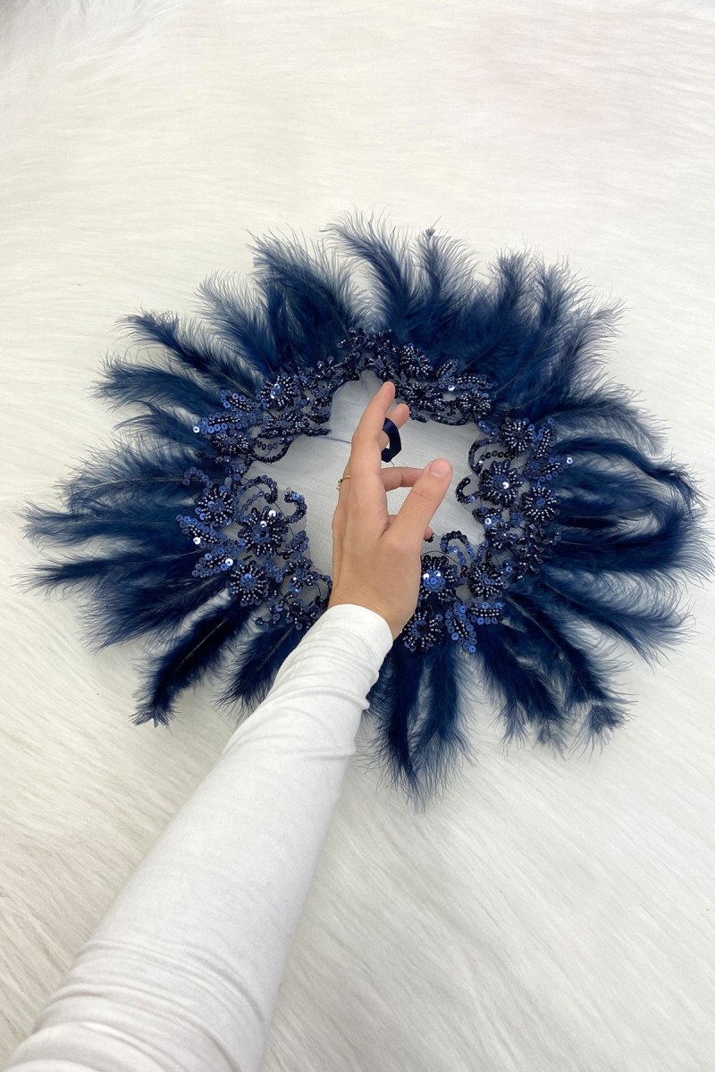 Lacivert Vip Gelin Mendili, Boncuk İnci Pul Tüy Detaylı Lüks Aplikli Damat Düğün Kına Sünnet Nişan