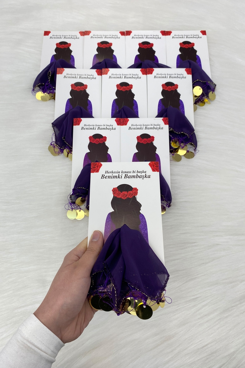 Mor Gold Şifon Kartlı Hediyelik Halay Mendili 1 Adet, Gelin Damat Düğün Kına Sünnet Nişan Bride