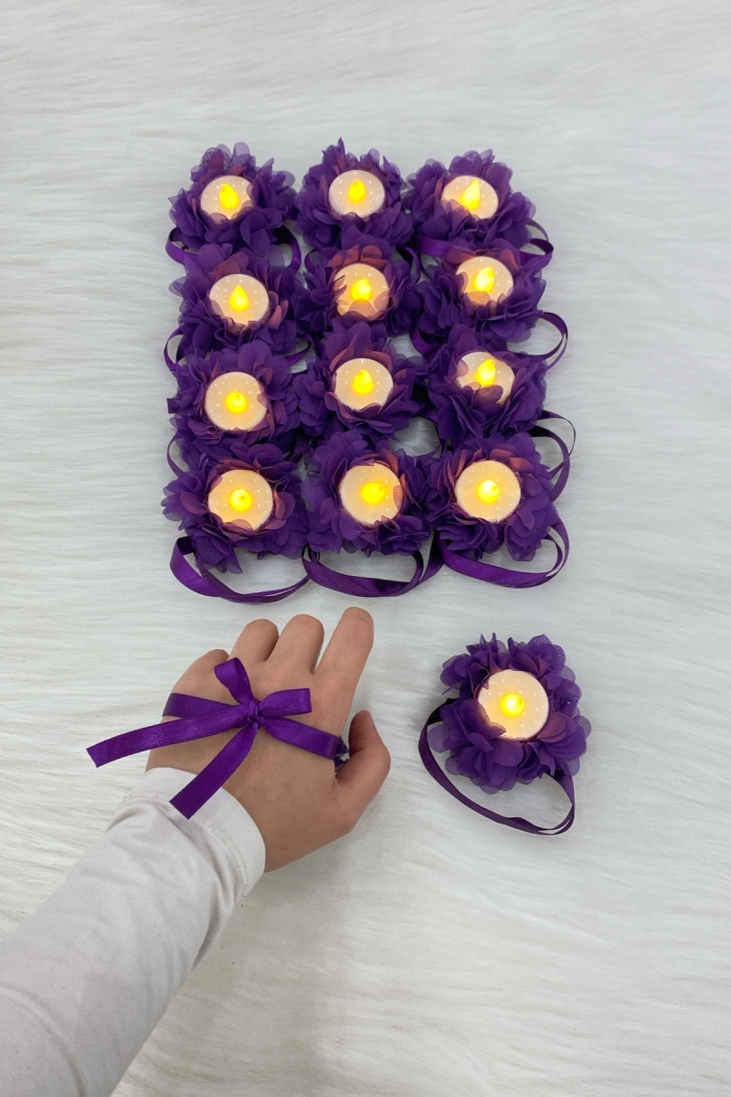 Mor Ledli Kına El Mumu, Düğün, Nedime, Bride, Sünnet, Led Işıklı, Tealight Mum Pilli 12 Adet