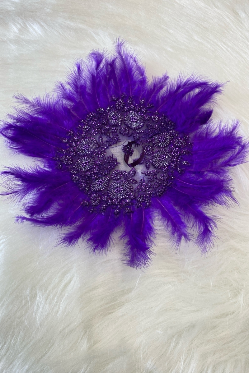 Mor Vip Deluxe Gelin Mendili, Boncuk İnci Pul Detaylı Lüks Aplikli