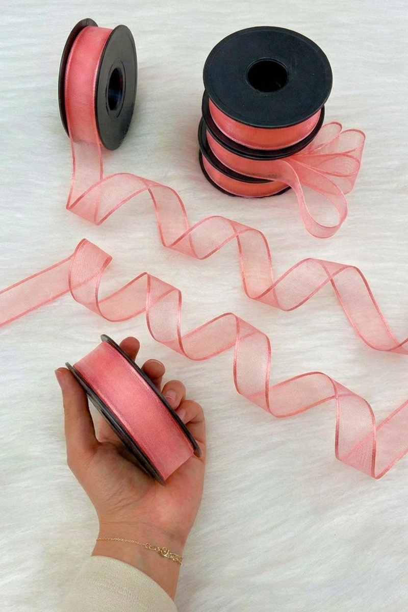 Nar Çiçeği Şifon Kurdele 2,5 cm 20 mt, Gelin, Damat, Bohça, Nişan, Çeyiz, Özel Gün, Hediye, Düğün