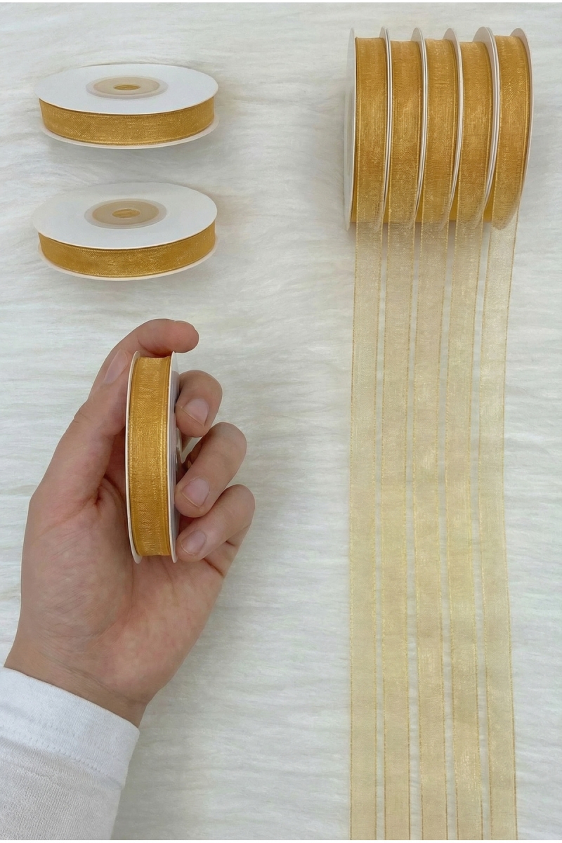 Organze Tül Kurdele Açık Kahverengi 1cm 22mt, Bohça, Nişan, Çeyiz, Hediye, Paketleme, Süsleme, Nikah