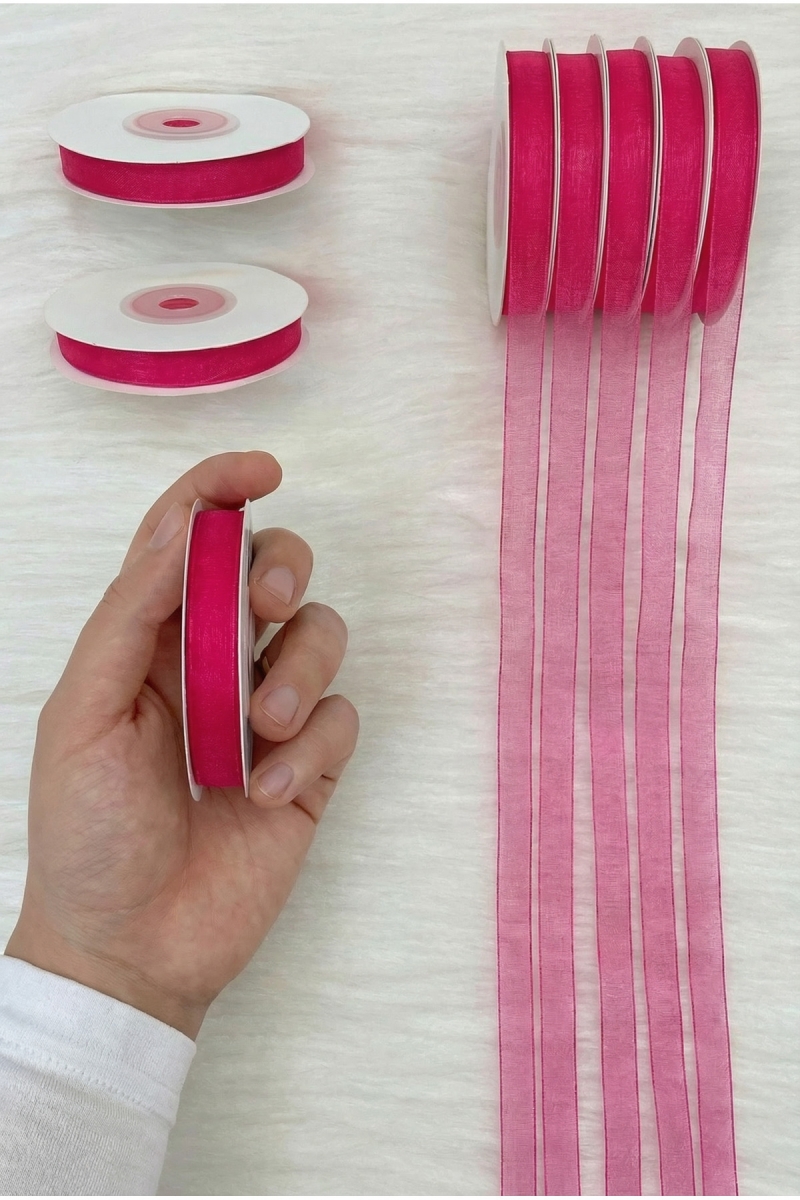 Organze Tül Kurdele Fuşya 1 cm 22 mt, Gelin, Bohça, Nişan, Çeyiz, Hediye, Paketleme, Süsleme, Nikah