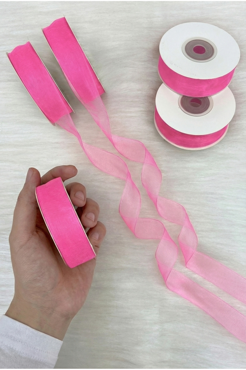 Organze Tül Kurdele Neon Pembe 2 cm 22mt, Bohça, Nişan, Çeyiz, Hediye, Paketleme, Süsleme, Nikah