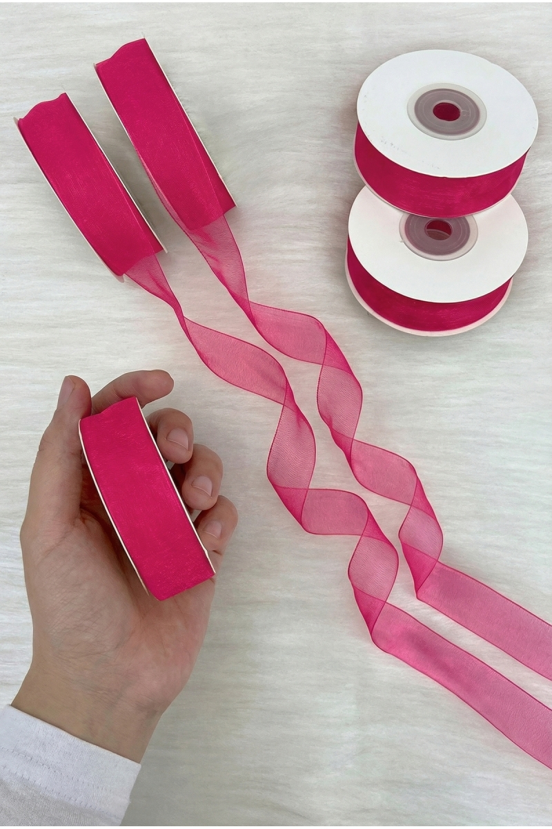Organze Tül Kurdele Fuşya 2 cm 22 mt, Gelin, Bohça, Nişan, Çeyiz, Hediye, Paketleme, Süsleme, Nikah