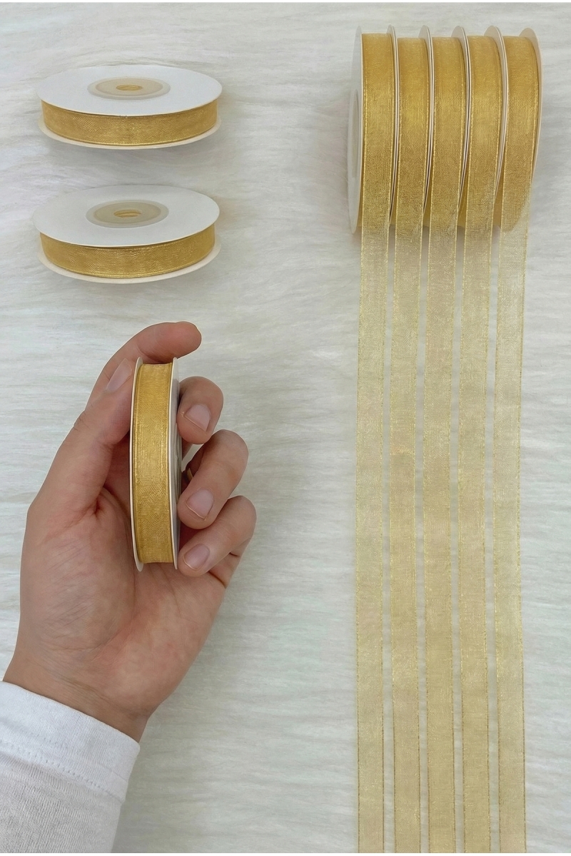 Organze Tül Kurdele Gold 1 cm 22 mt, Gelin, Bohça, Nişan, Çeyiz, Hediye, Paketleme, Süsleme, Nikah