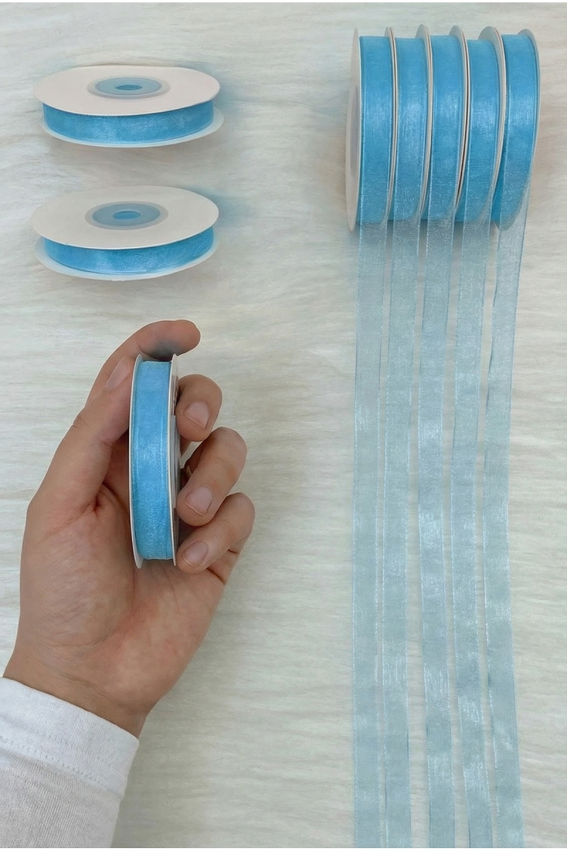 Organze Tül Kurdele Mavi 1 cm 22 mt, Gelin, Bohça, Nişan, Çeyiz, Hediye, Paketleme, Süsleme, Nikah