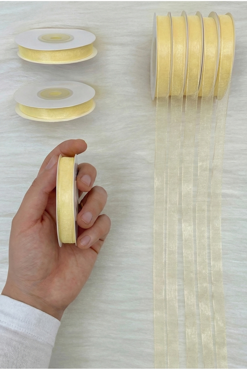 Organze Tül Kurdele Pastel Krem 1 cm 22 mt, Bohça, Nişan, Çeyiz, Hediye, Paketleme, Süsleme, Nikah