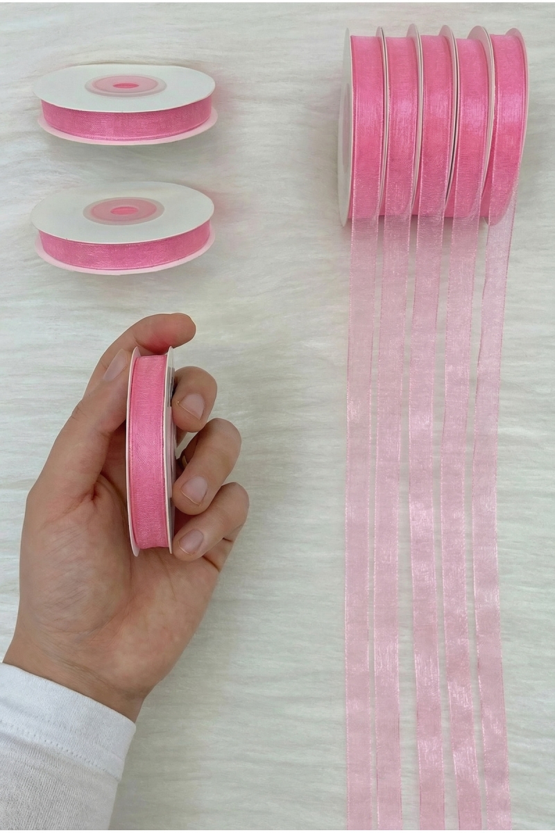 Organze Tül Kurdele Pembe 1 cm 22 mt, Gelin, Bohça, Nişan, Çeyiz, Hediye, Paketleme, Süsleme, Nikah