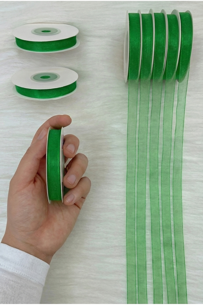Organze Tül Kurdele Yeşil 1 cm 22 mt, Gelin, Bohça, Nişan, Çeyiz, Hediye, Paketleme, Süsleme, Nikah