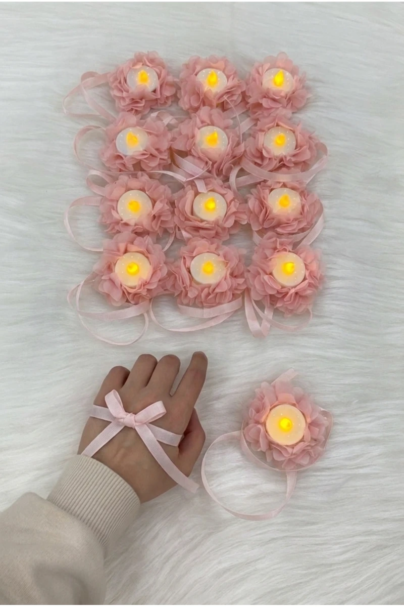 Pudra Ledli Kına El Mumu, Düğün, Nedime, Bride, Sünnet, Led Işıklı, Tealight Mum Pilli 12 Adet