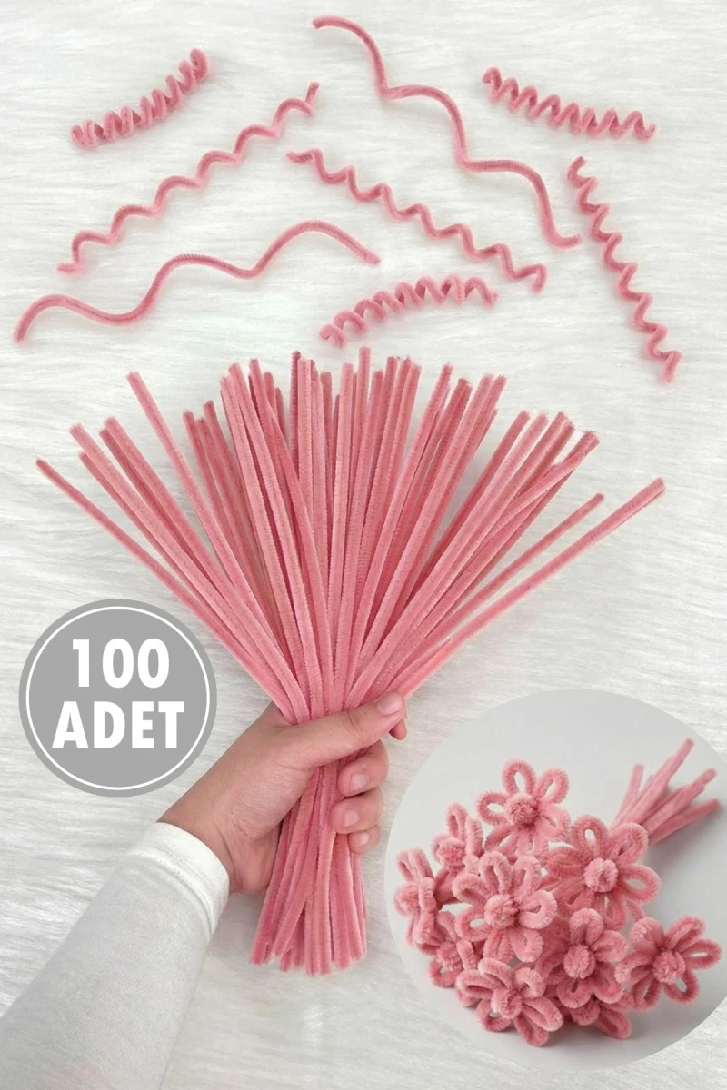 Pudra Pembe Şönil 30cm, 100 Adet Tüylü Kadife Tel Peluş, El İşi, Çiçek, Hediye, Süsleme, Okul, Etkinlik