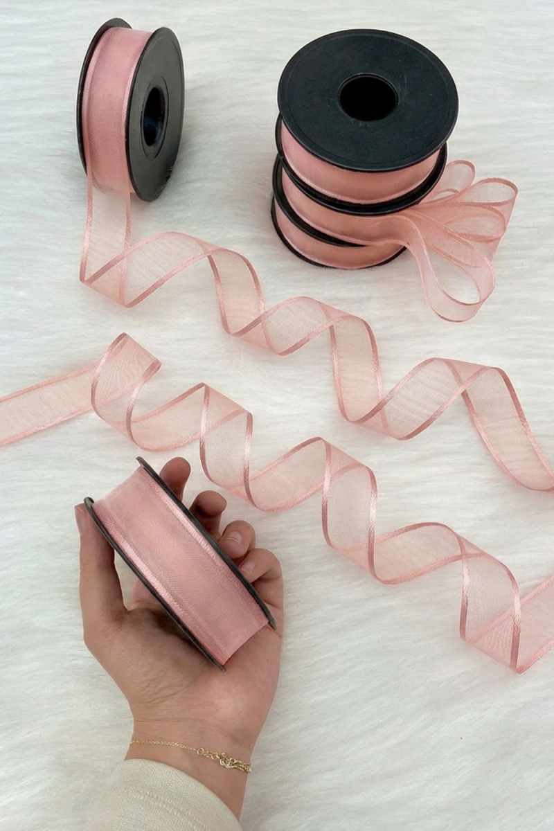 Pudra Şifon Kurdele 2,5 cm 20 mt, Gelin, Damat, Bohça, Nişan, Çeyiz, Özel Gün, Hediye, Düğün, Süsü