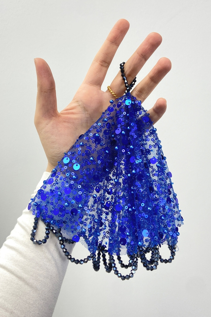 Saks Mavi Gelin Damat Mendili, Pul Payet İnci ve Kristal Taş Detaylı, Düğün Kına Sünnet Söz Nişan