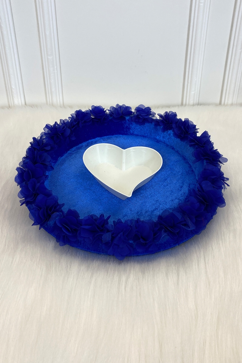 Saks Mavi Gelin Kına Gecesi Tepsisi, Düğün, Sünnet, Kadife Üç Boyutlu Lazer Çiçek Süslemeli Tepsi