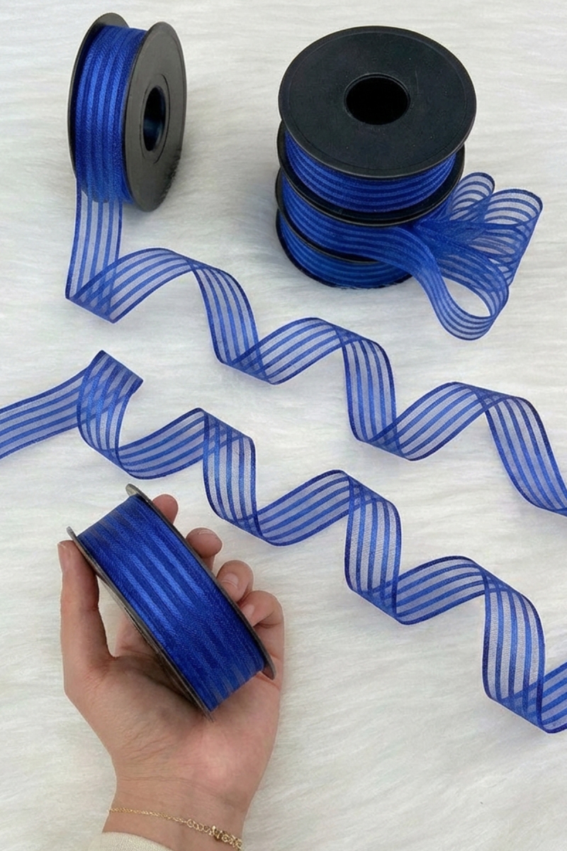 Saks Mavi Hilton Çizgili Şifon Kurdele 2,5 cm 20 mt, Gelin, Damat, Bohça, Nişan, Çeyiz, Hediye, Kına