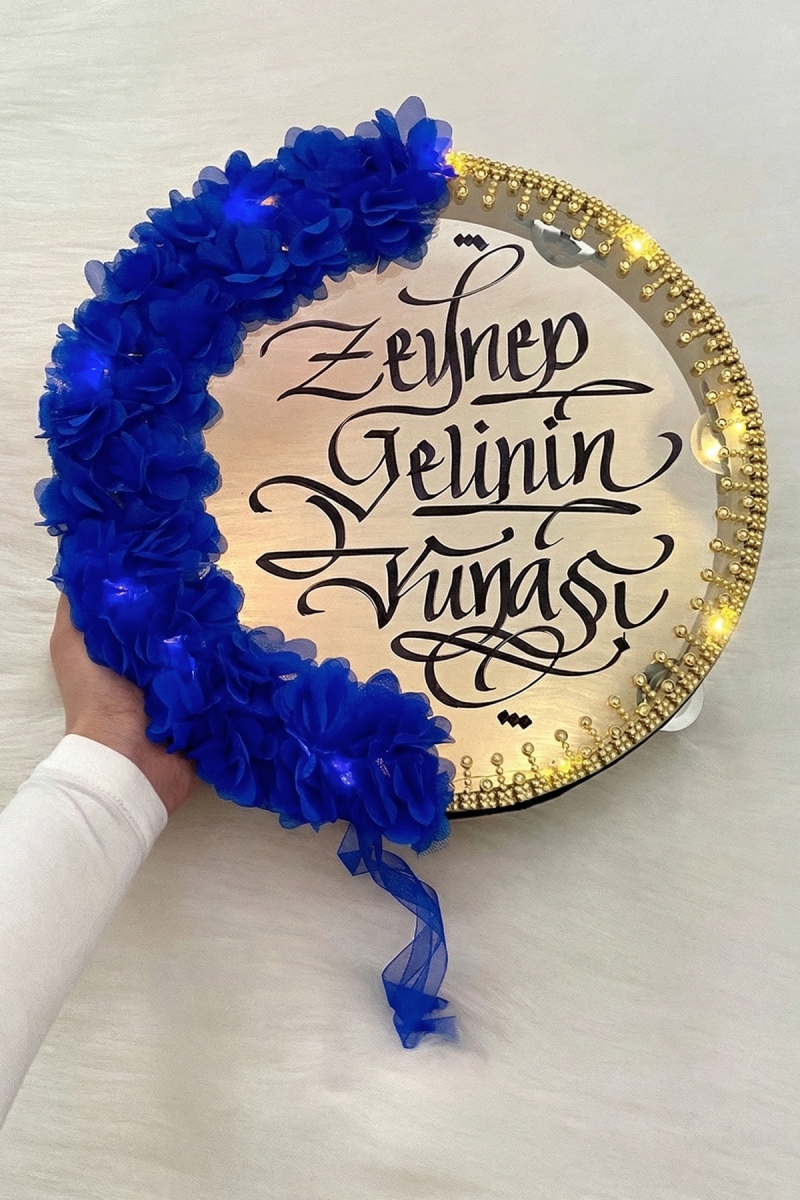 Saks Mavi Ledli Şeffaf Gelin Tefi 32cm 3d Çiçek Parlak Taşlı Düğün Kına Nedime Bride Parti Defi