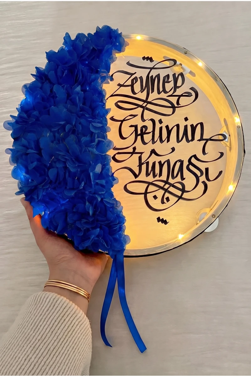 Saks Mavi Ledli Şeffaf Gelin Tefi 32cm, 3d Çiçek Süslemeli, Düğün Sünnet Kına Nedime Bride Parti