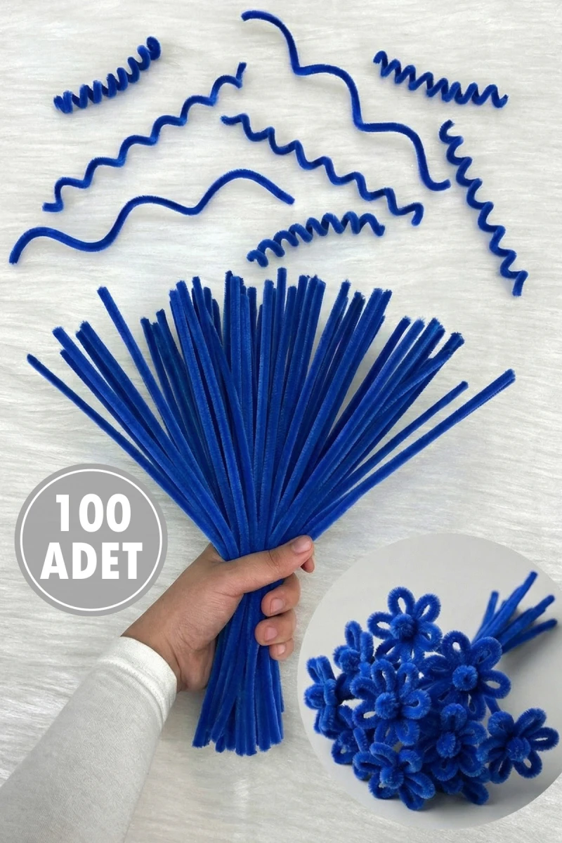 Saks Mavi Şönil 30cm, 100 Adet Tüylü Kadife Tel Peluş, El İşi, Çiçek, Hediye, Süsleme, Okul, Etkinlik