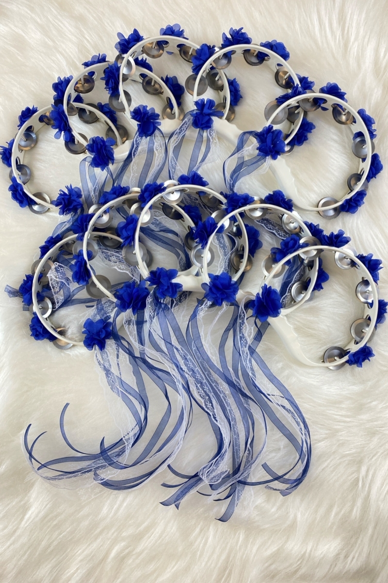 Saks Mavi Süslü Gelin Nedime Kına Gecesi Tefi, Üç Boyut Lazer Çiçek ve Kurdele Detaylı Tef 10 Adet