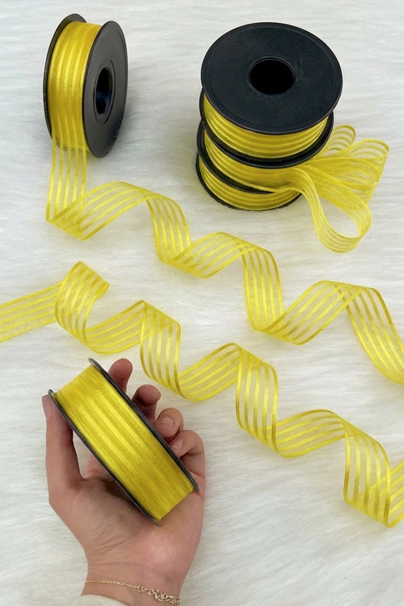 Sarı Hilton Çizgili Şifon Kurdele 2,5 cm 20 mt, Gelin, Bohça, Nişan, Çeyiz, Hediye, Nikah, Süsleme