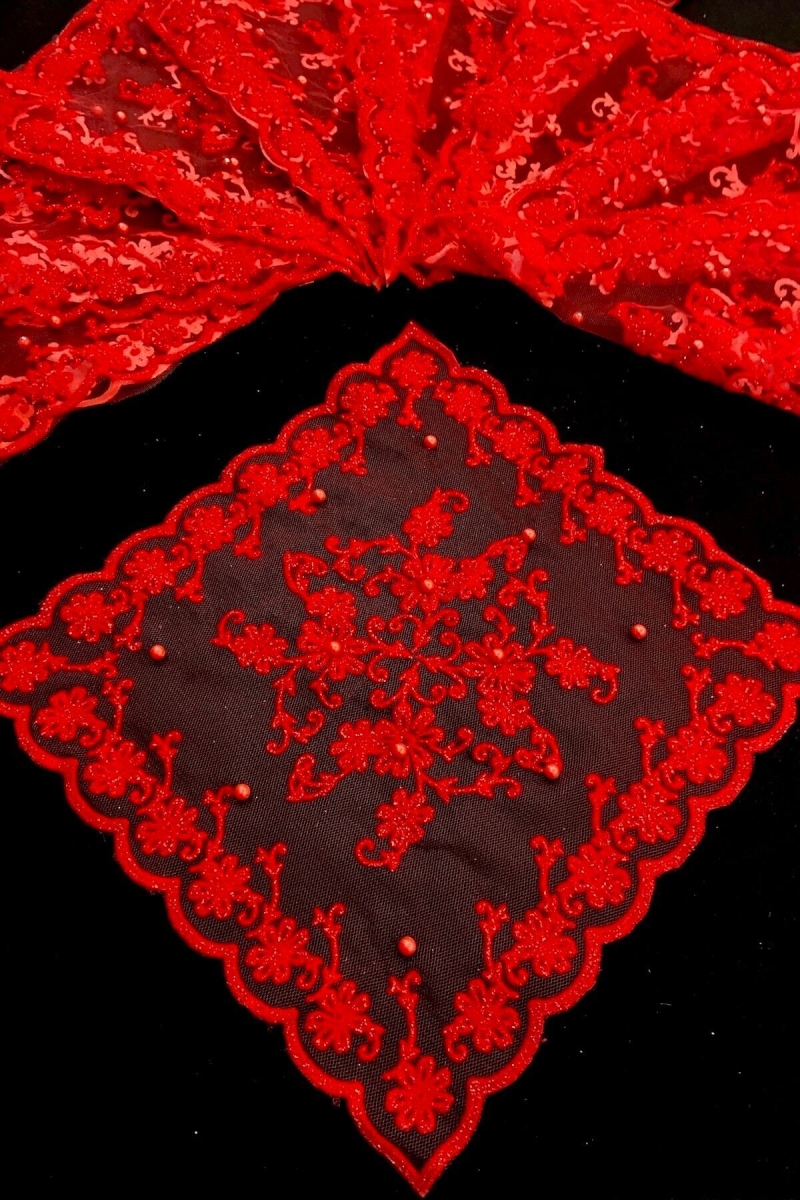 Simli Incili Kırmızı Halay Mendili, Gelin Mendili, Hediyelik Mendil 5 Adet