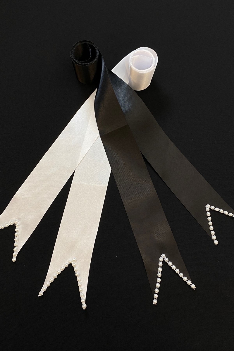 Siyah Beyaz Sade Incili Gelin Damat Takı Kurdelesi, Takı Kemeri