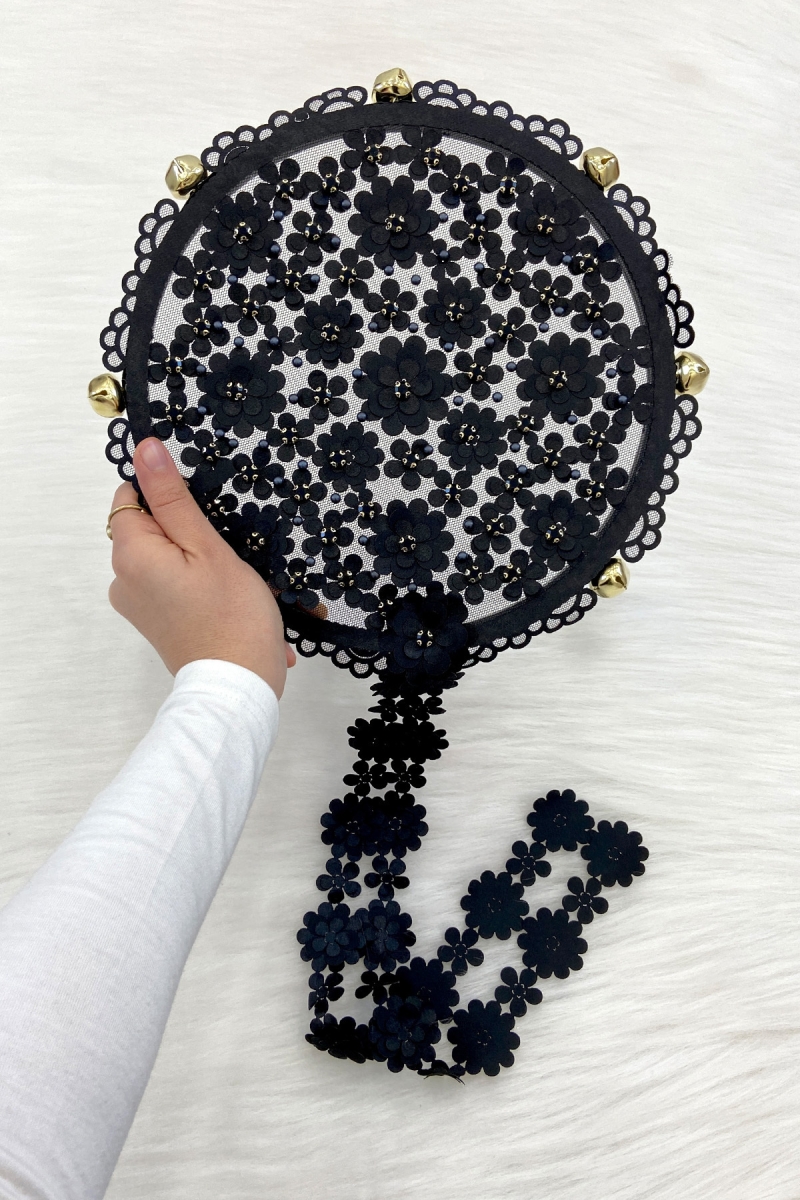 Siyah Çiçekli Parlak Taşlı Gelin Tefi, Düğün Kına Söz Sünnet Bekarlığa Veda Bride Zilli 25cm, 1 Adet