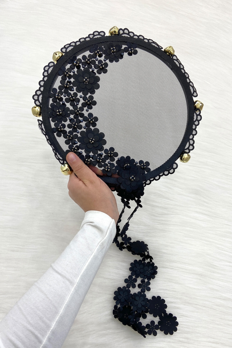 Siyah Çiçekli Parlak Taşlı Gelin Tefi, Düğün Kına Söz Sünnet Bekarlığa Veda Bride Zilli 25cm, 1 Adet