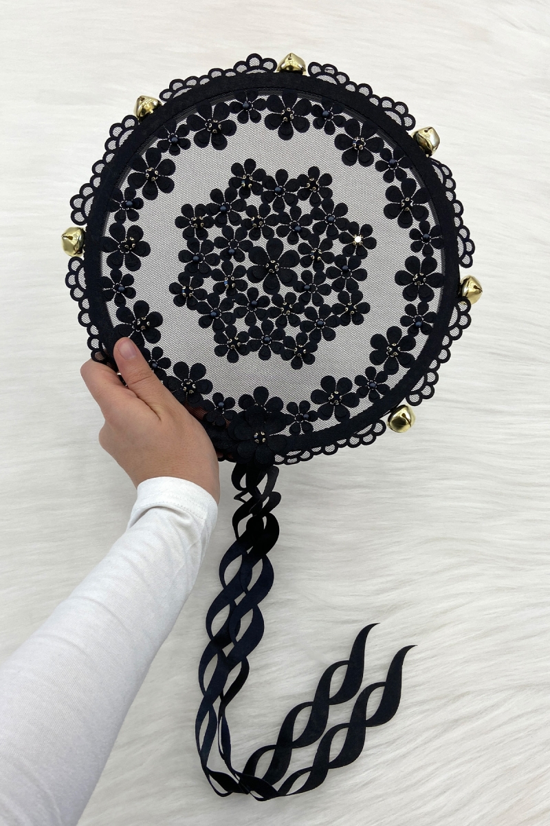 Siyah Çiçekli Parlak Taşlı Gelin Tefi, Düğün Kına Söz Sünnet Bekarlığa Veda Bride Zilli 25cm, 1 Adet