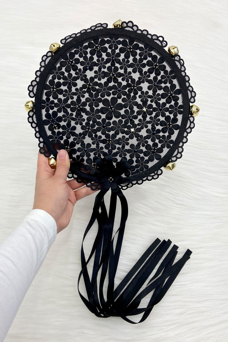 Siyah Çiçekli Parlak Taşlı Gelin Tefi, Düğün Kına Söz Sünnet Bekarlığa Veda Bride Zilli 25cm, 1 Adet