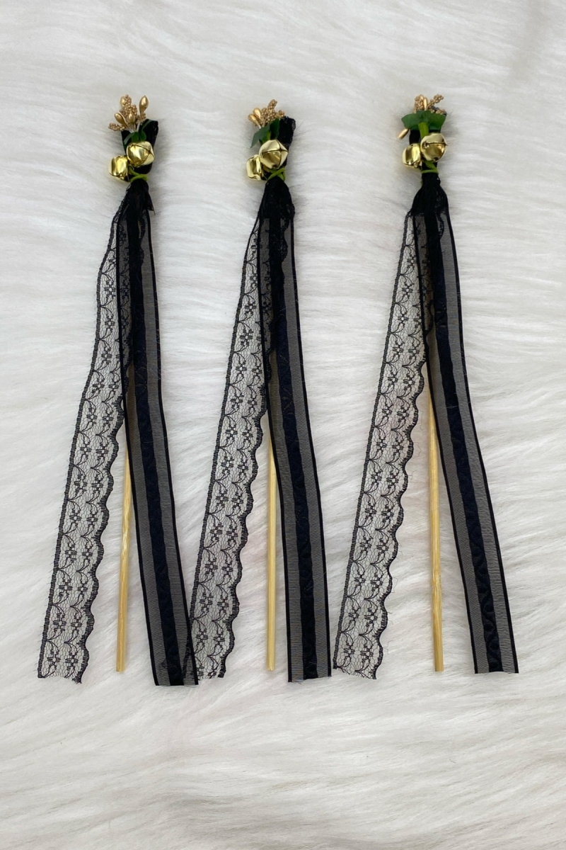 Siyah Çubuk Nedime Zili, Gelin Tefi, Kına Tefi, Sünnet Zili, Cipso Çiçek Kurdele Süslemeli 10 Adet