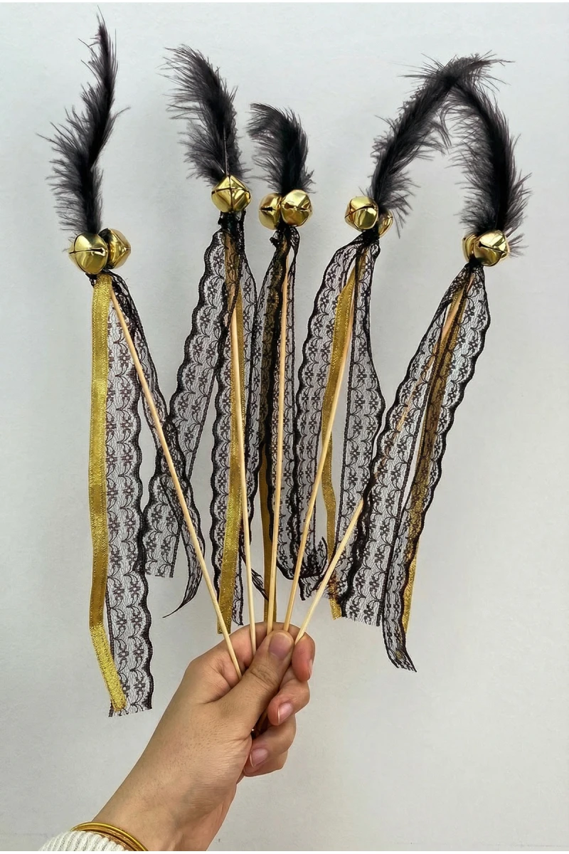 Siyah Çubuk Nedime Zili Tüylü, Düğün, Kına Gecesi; Sünnet, Bride, Tüy Kurdele Süslemeli 10 Adet