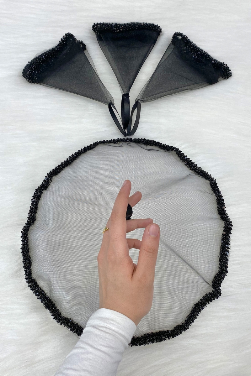 Siyah Gelin Damat Halay Mendili, Cam Boncuk Ve İncili, Kına Gecesi Bride Düğün Nedime Söz Nişan