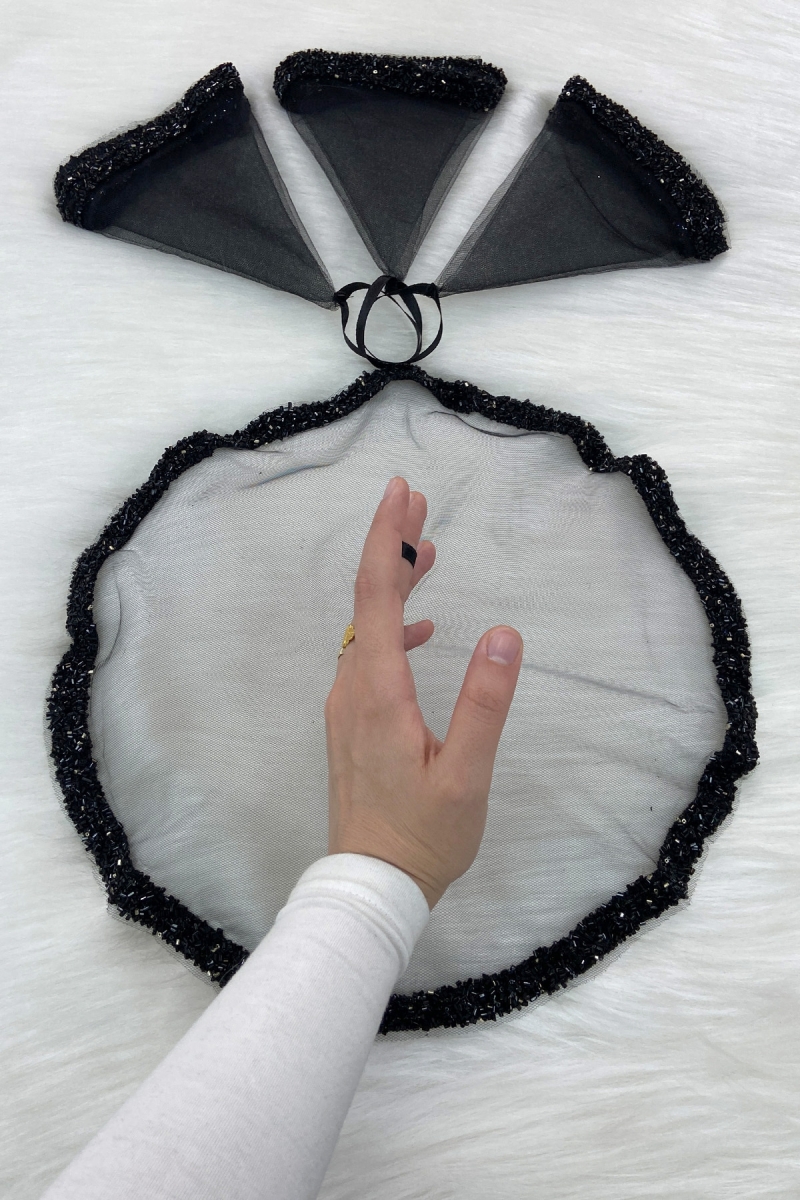 Siyah Gelin Damat Mendili, Düğün Halay Nedime Kına Sünnet Mendili, Cam Boncuk ve Pul Baskılı