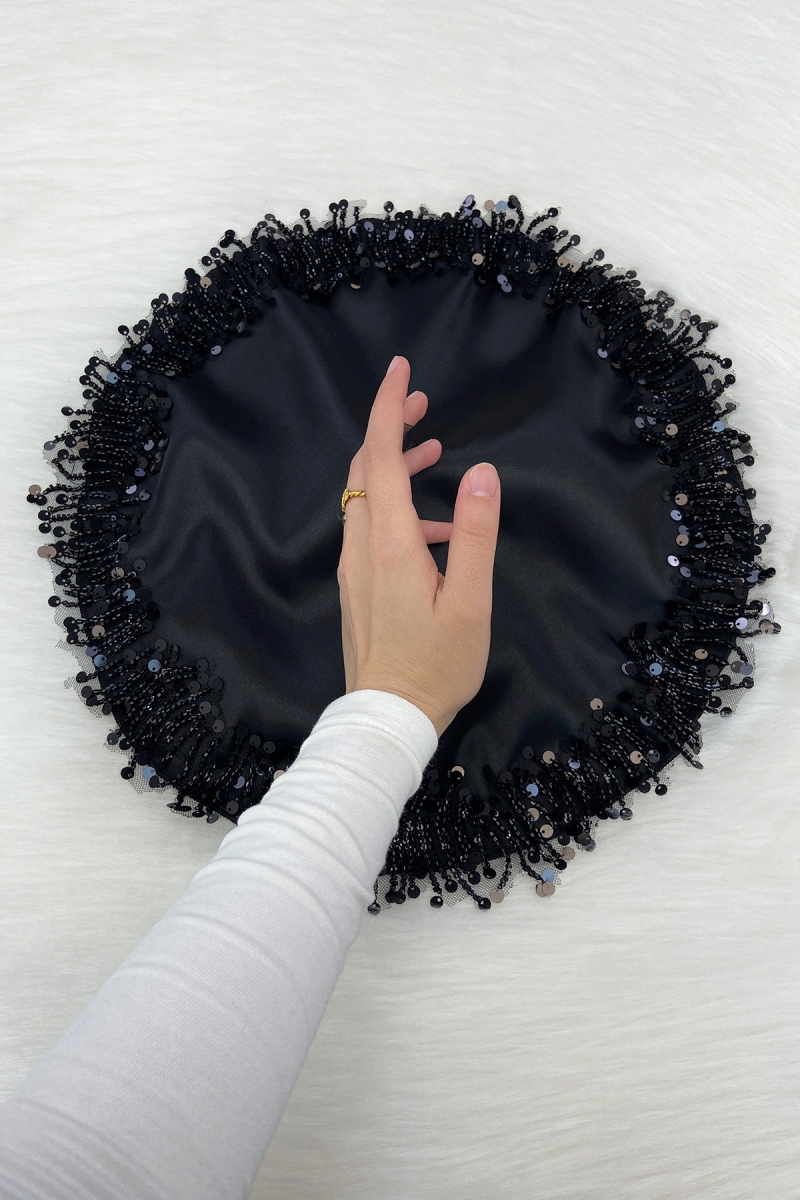 Siyah Gelin Damat Mendili, Işıl Işıl Pul Ve Boncuk İşlemeli, Düğün Kına Sünnet Söz Nişan Halay